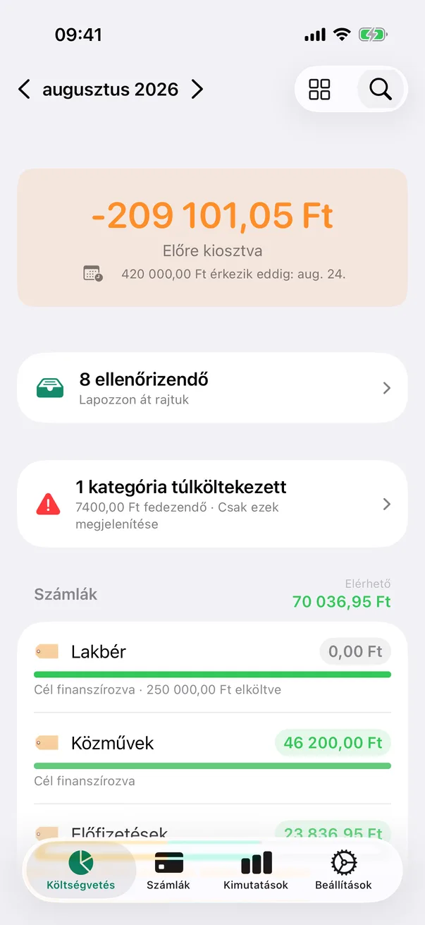 A Pigget havi költségvetési képernyője