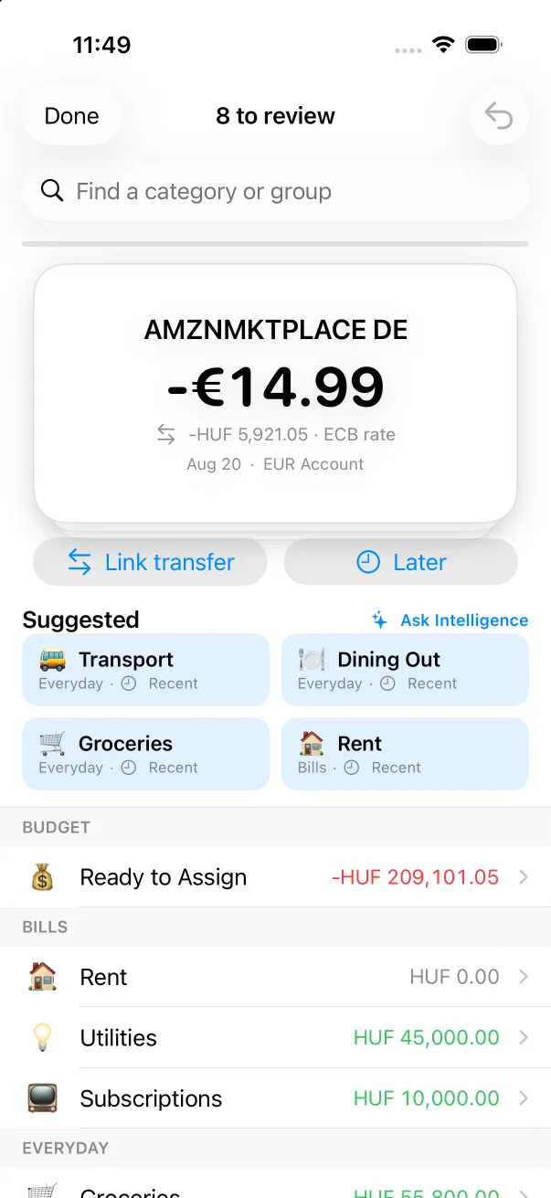 Pigget's quick transaction review screen